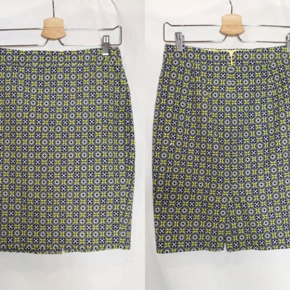 J. Crew The‎ Pencil Skirt Yellow Green Blue Cotton 2 B8203 Basket Weave Cotton